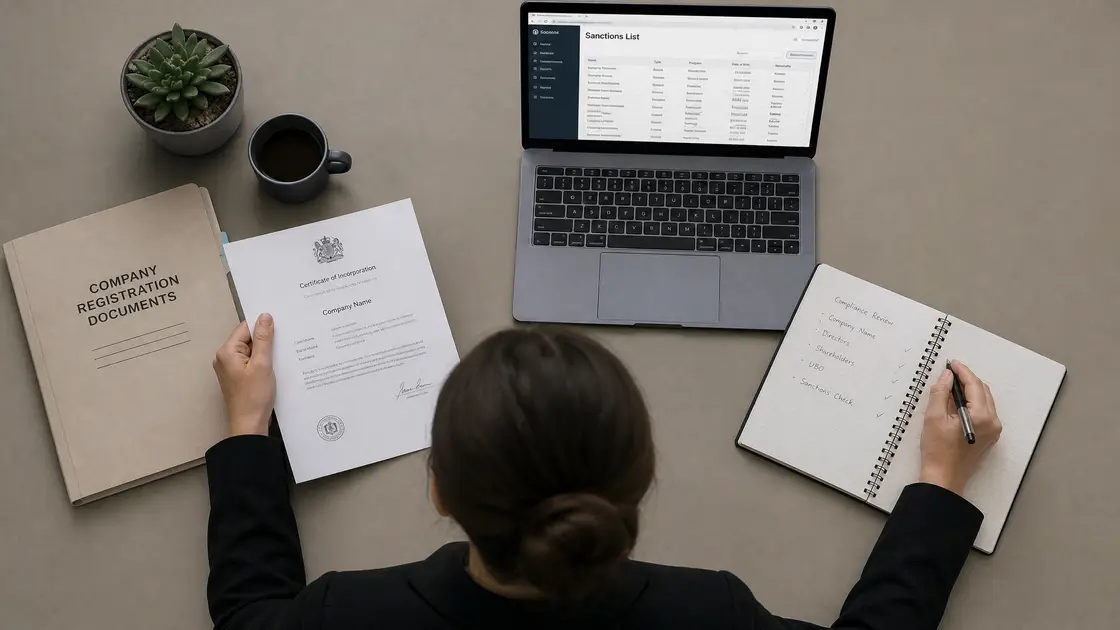 Analyst comparing a company document with a sanctions screening list on a monitor