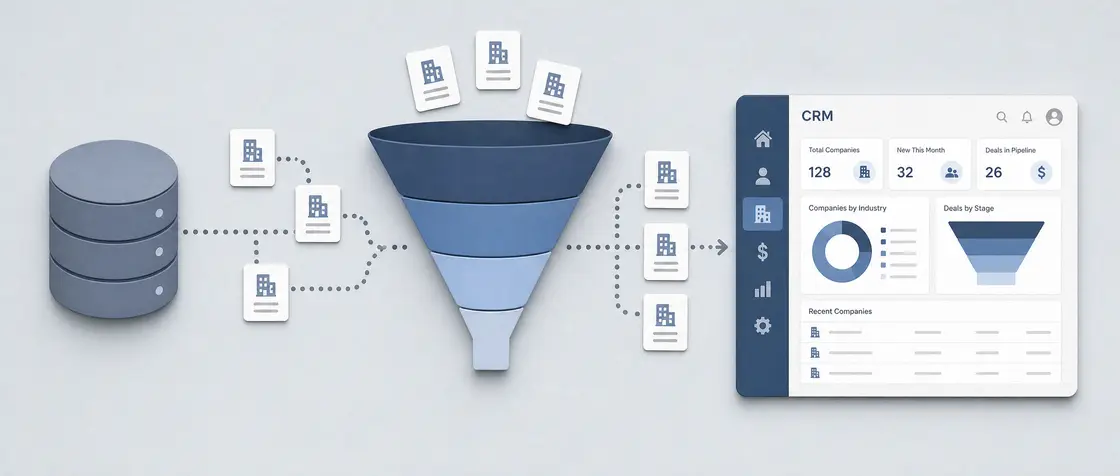 Diagram of company database records flowing into a CRM-driven sales funnel